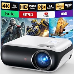 HAPPRUN Native 1080P Bluetooth Projector, Full HD Portable Outdoor Movie Projector with Built-in Speaker, Compatible with Smartphone, HDMI, USB, AV, Fire Stick, PS5 for Home, Bedroom, Outdoor Use