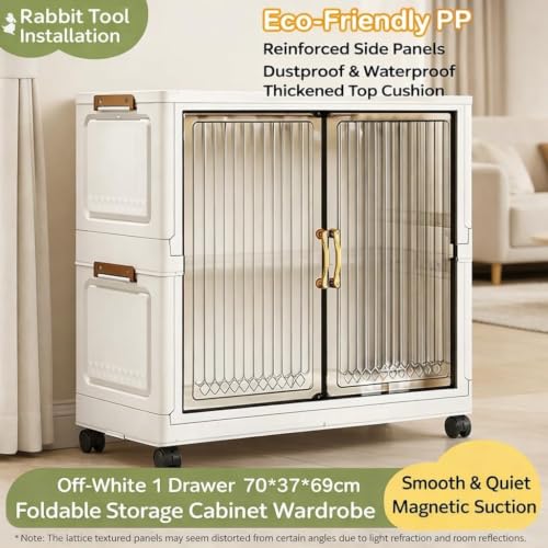 Image of Owme Modular Plastic Wardrobe for Bedroom | 1 Tier Foldable Cupboard with Hanging Rod | Stackable Storage Almirah for Clothes with Wheels | Multi-Layer Plastic Storage Cabinet - White