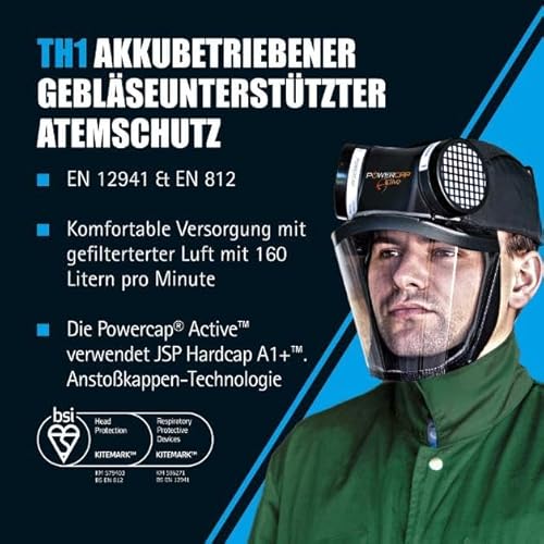 JSP POWERCAP ACTIVE PAPR Gebläseunterstützte Atemschutzmaske - Mit Filter - 8h Akku & USB-Aufladung - Kopfschutz - Schutz vor Staub & Partikeln - Holzbearbeitung & Heimwerken - EN12941 & EN812