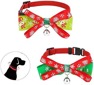 JUPSK Pack of 2 Christmas Pet Collar, Adjustable Xmas Puppy Collar with Bow tie and Golden Bell, Cute Christmasy Pattern Neck Ring Tie for Small Dog Cat, Pet Bow Tie Accessories