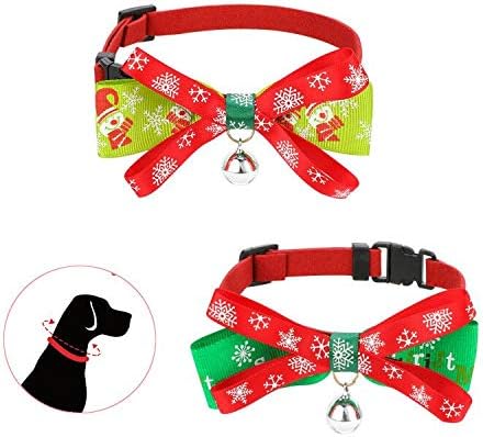 JUPSK Pack of 2 Christmas Pet Collar, Adjustable Xmas Puppy Collar with Bow tie and Golden Bell, Cute Christmasy Pattern Neck Ring Tie for Small Dog Cat, Pet Bow Tie Accessories