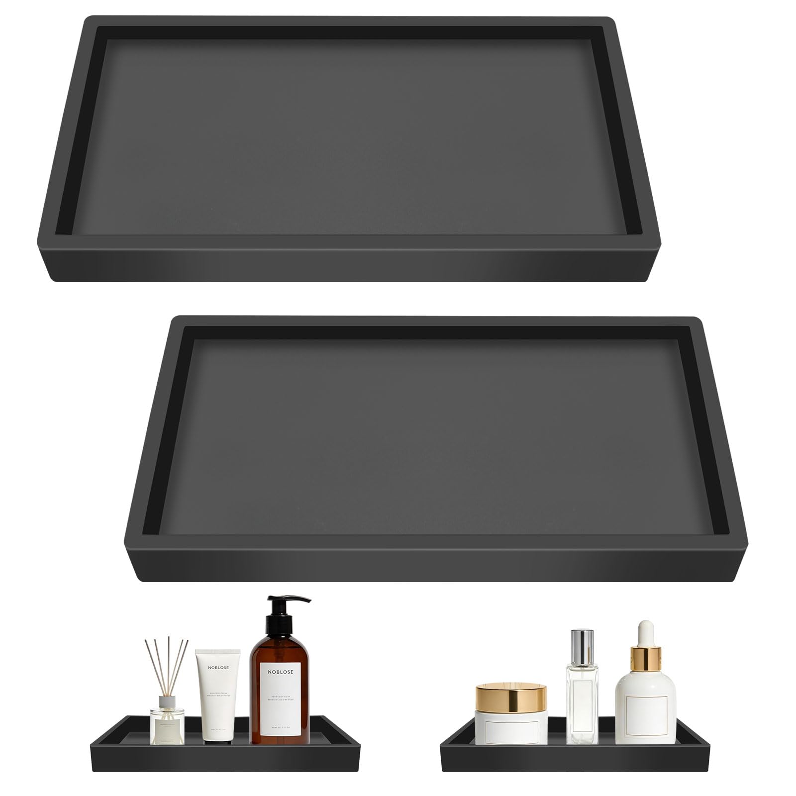 xiaoxiaozhijia 2 Pieces Decorative trays for bathroom,Silica Vanity Tray,Modern Storage Trays for Washbasin,Suitable for bathrooms, bedrooms, washbasins, and kitchens (Black-20x10x2 cm)