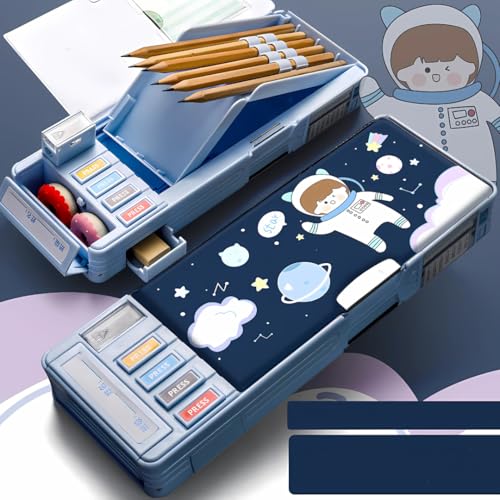 Image of Storio Space Theme Magnetic Pencil Box for Kids, Space Pencil Box for Boys & Girls, Stationery Box, Buttons Operated Pencil Box for Kids (with Accessories)