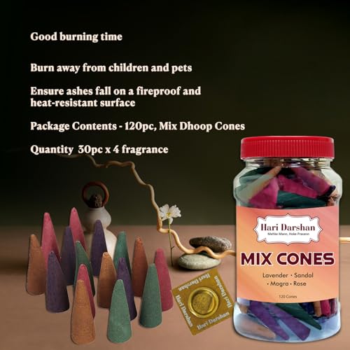 Image of Hari Darshan Natural Dhoop Cones Mix - 240 Cones | Lavender Rose Sandal Mogra | Pure Long-Lasting Dhoop Cones for Pooja Meditation Home Fragrance | Pack of 2 Jars 120 Cones Each for a Divine Aroma