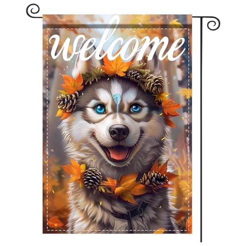 Image of Nuxovilar 12x18 inch Husky Dog Autumn Leaf Wreath Flag
