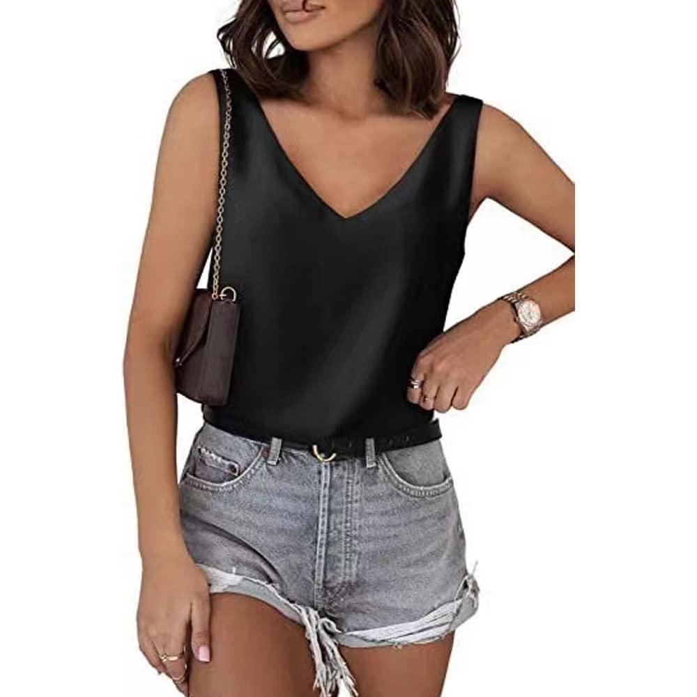 FDEETY Mujer Verano V Cuello Blusa sin Mangas Cuello en V Camisas de Color Sólido Casuales Tank Tops Shirts
