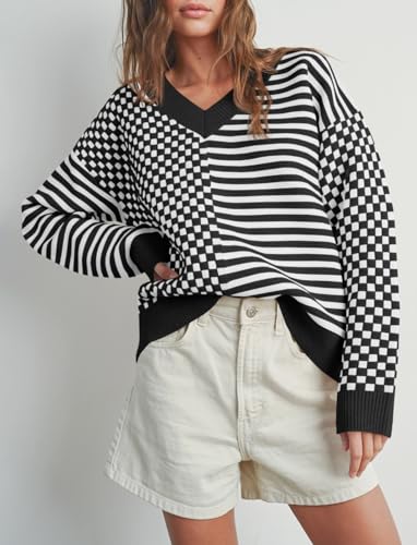 Saodimallsu Womens Checkered Striped Sweater V Neck Long Sleeve Fall Trendy Loose Knit Cozy Pullover Tops4