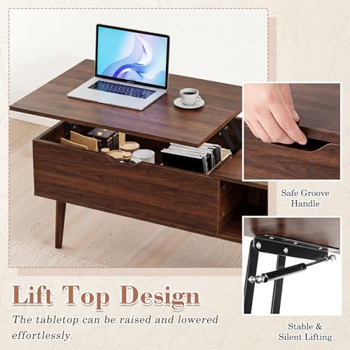 Image of OLIXIS Wood Lift Top Coffee Table with Hidden Compartment and Large Storage Shelf, Lift Tabletop Dining Center Table for Home Living Room Office, Dark Brown