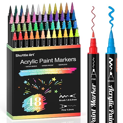Image of Shuttle Art 48 Colors Dual Tip Acrylic Paint Markers, Brush Tip and Fine Tip Acrylic Paint Pens for Rock Painting, Ceramic, Wood, Canvas, Plastic, Glass, Stone, Calligraphy, Card, DIY Football Crafts