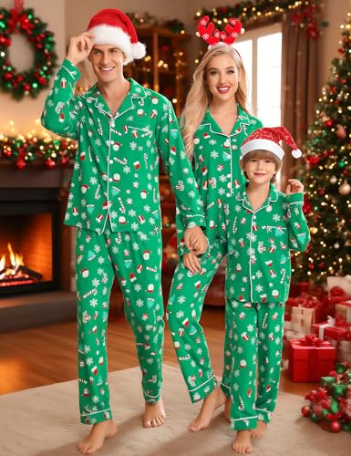 SWOMOG Family Christmas Pajamas Set Women & Men & Kids Long Sleeve Pj Set Party Sleepwear Button-Down Loungewear Set Men Green With Santa Claus X-Large2