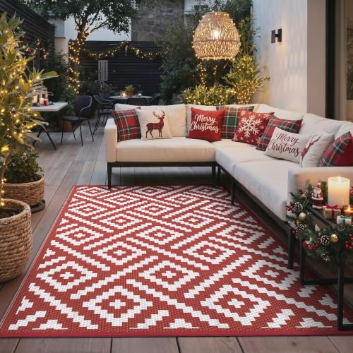 GENIMO Outdoor Rug, Waterproof Plastic Rugs for Patio, 6'x9' Red White | Outside Larger Modern Carpet Mat for Porch Decor, Deck, Balcony, Camping, RV, Backyard, Picnic, Beach, Reversible, Foldable