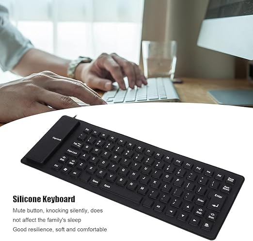 Image of Kian Foldable Silicone Keyboard, USB Waterproof Travel Gaming Wired Keypad, Rollup Wired Folding Keyboard Compatible with Windows, PC, Laptop, Mac Notebook Full Size (Black) (Pack of 1)