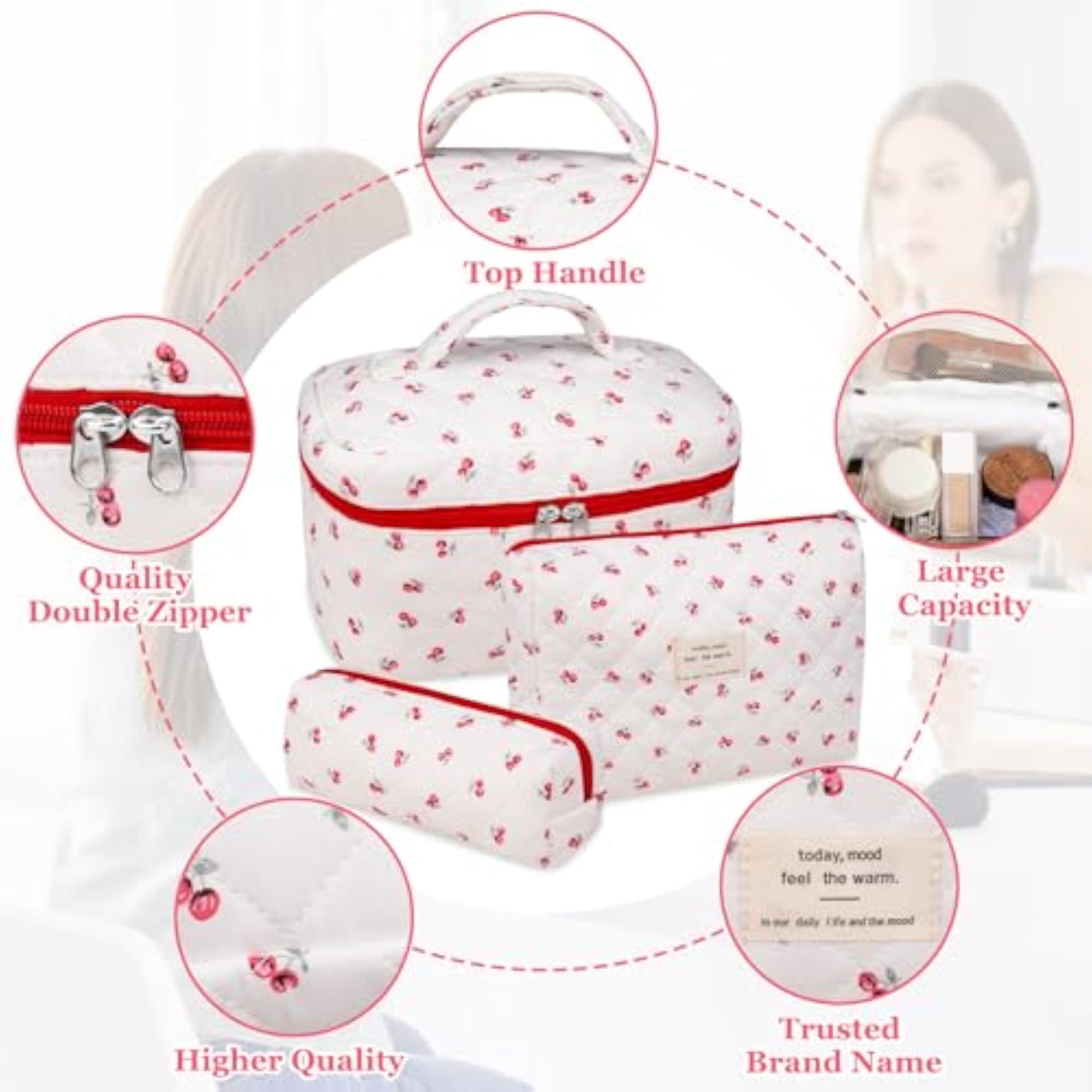 Large Floral Quilted Makeup Bag Set, Pink Flower