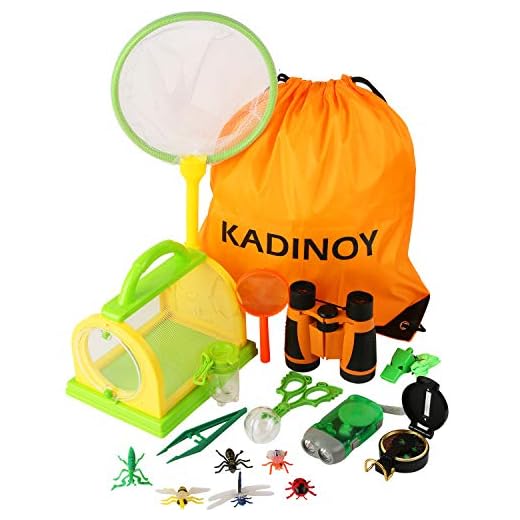 KADINOY Bug Catcher Kit Kids Outdoor Explorer Kit Secience Toys Gifts for Boys Girls Age 4-12 Year Old with Binoculars, Flashlight, Compass, Magnifying Glass,Butterfly Net
