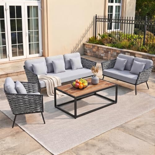 Image of DEVOKO 6-Seater Outdoor Rope Conversation Set with Wooden Top Table Water-Resistant Cushions, Strong Metal Frame High Weight Capacity Furniture for Garden, Terrace, Backyard(Blackish Grey & Grey)