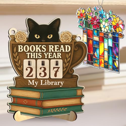 Books Read This Year Counter, Bookish Gift Set - Whimsical Cat Reading Tracker Sign, Book Suncatcher Ornament - Book Lover Gift for Librarian, Reader, Teacher, Floral Bookshelf Accessories FF837