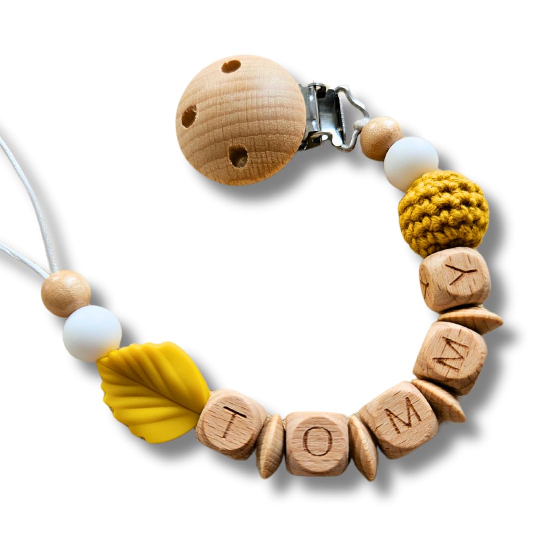 Lovely Personalisiertes Baby Geschenk, Mädchen/Junge, Schnullerkettchen mit Name, Schnullerband, verschiedene Farb-Varianten (4.Senfgelb)