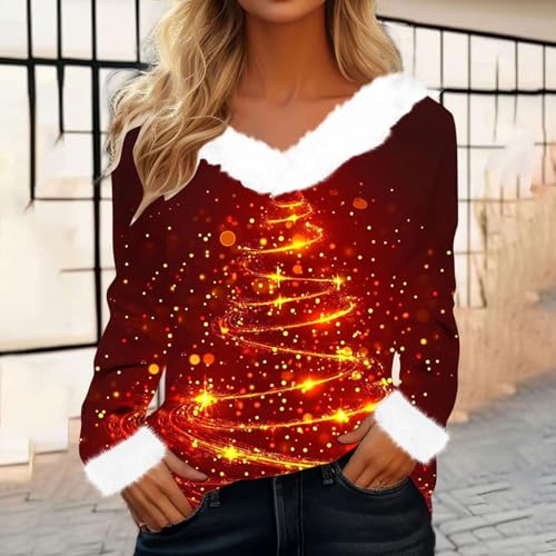 Blusas femininas com gola V para férias de Natal para mulheres, manga comprida, cores contrastantes,