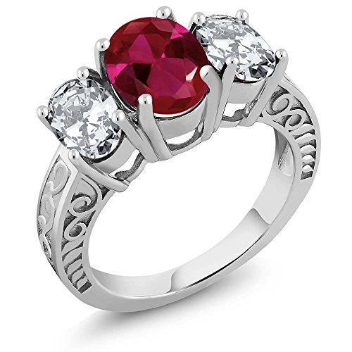 Gem Stone King 925 Sterling Silver Red Created Ruby 3-Stone Women Ring (5.00 Ct Oval) (Size 8)