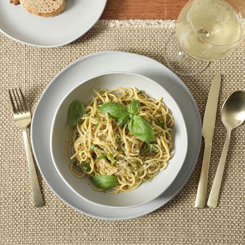 Image of Gibson Elite Menlo Park 16-Piece Pottery Clay Stoneware Dinnerware Set - White Reactive Glaze, Embossed Plates and Bowls W /Pasta Bowl, Service for 4 - Microwave & Dishwasher Safe