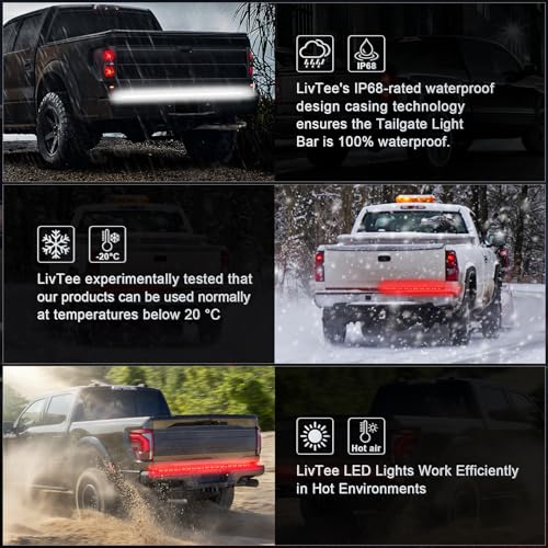 LivTee Truck Tailgate Light Bar 60" LED Strip with Red Running Brake White Reverse Red Turning Signals Lights, Car Truck Accessories for Men - IP68 Waterproof