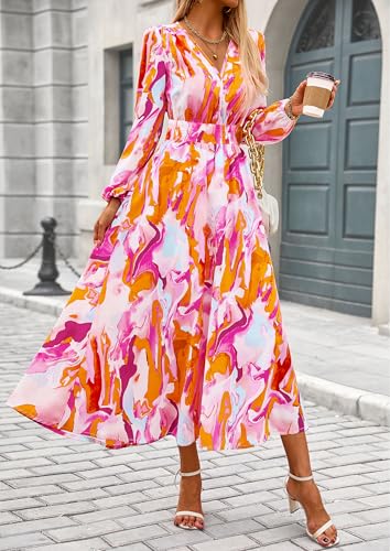 PRETTYGARDEN Women's Floral Midi Dress Casual Fall V Neck Long Sleeve Flowy Spring Beach Wedding Guest Vacation Dresses