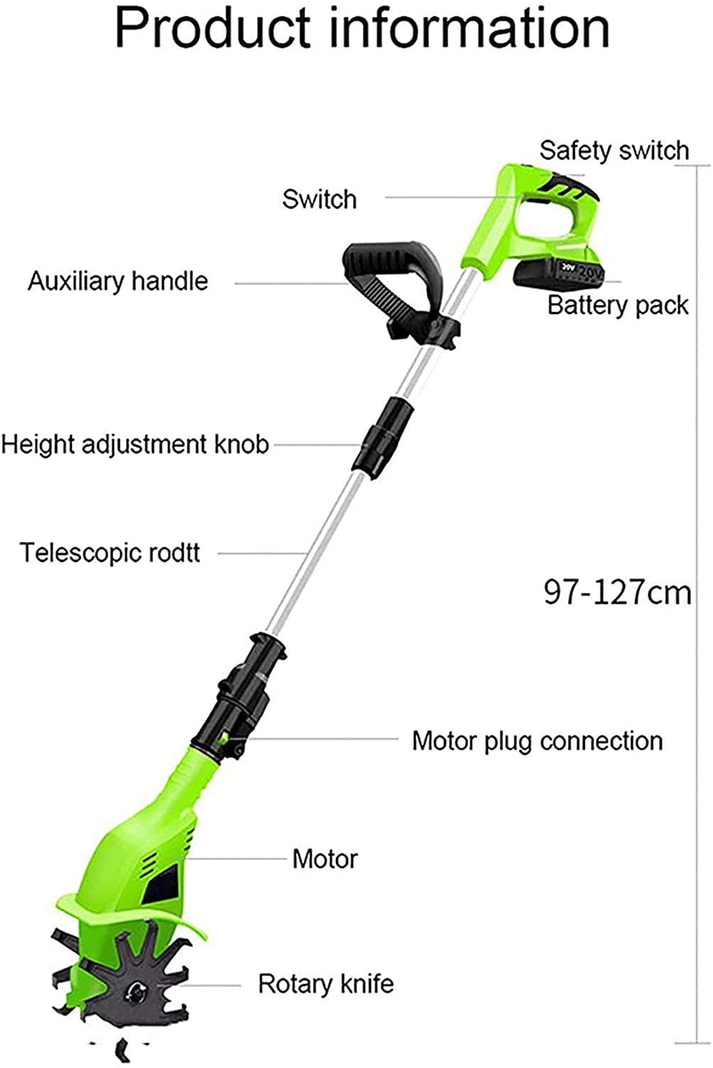 Rototiller eléctrico de Mano inalámbrico, Mango Ajustable, Herramienta de jardinería for huertos, cultivador de jardín