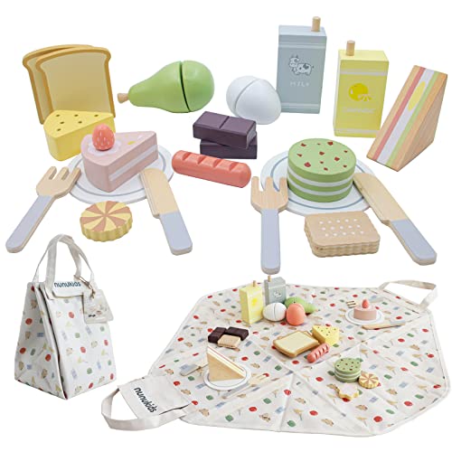 nunukids Wooden Picnic Toy Set 24Piece Play Food Set with Easyto