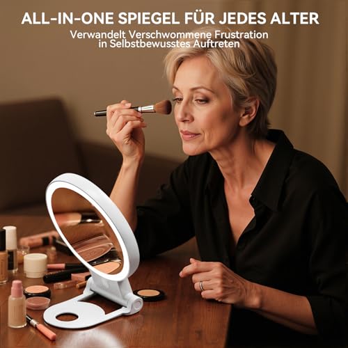 Auxmir Kosmetikspiegel mit Beleuchtung, 30X/1X Doppelseitig Schminkspiegel mit Licht, Dimmbar Spiegel Tischspiegel, 3 Farblichter Handspiegel, Faltbar Vergrößerungsspiegel für Zuhause Reise Kosmetik