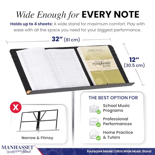 Manhasset Music Stand - Fourscore Model - Extra Wide, 32 Inch Desk - Easily Holds up to 4 Sheets - Heavy Duty, Sheet Music Stand - Made in the USA