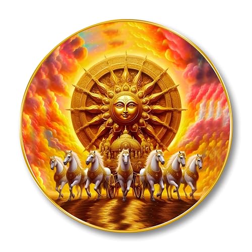 Image of SAF Surya Dev Round Wall Art | 3D Embossed MDF Panel with Golden Rim | Divine Sun God with Seven Horses | Luxurious Religious Art Frame for Wall Decoration (23 x 23 Inch) GR-307