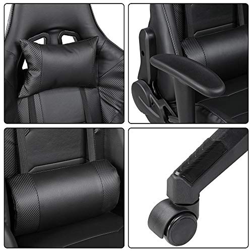 Sedia Poltrona Gaming Scrivana Ufficio Casa in Ecopelle Schienale Reclinabile Cuscino Lombare Poggiatesta Rotazione 360 Gradi Direzionale Altezza Regolabile Base 5 Ruote (Nero) - Sedia gaming - Immagine 5