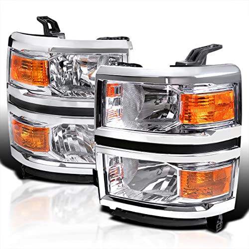 Spec-D Tuning Chrome Clear Headlights + Corner Lights Signal Lamps Compatible with Chevy Silverado 1500 2014-2015 L+R Pair Head Light Lamp Assembly
