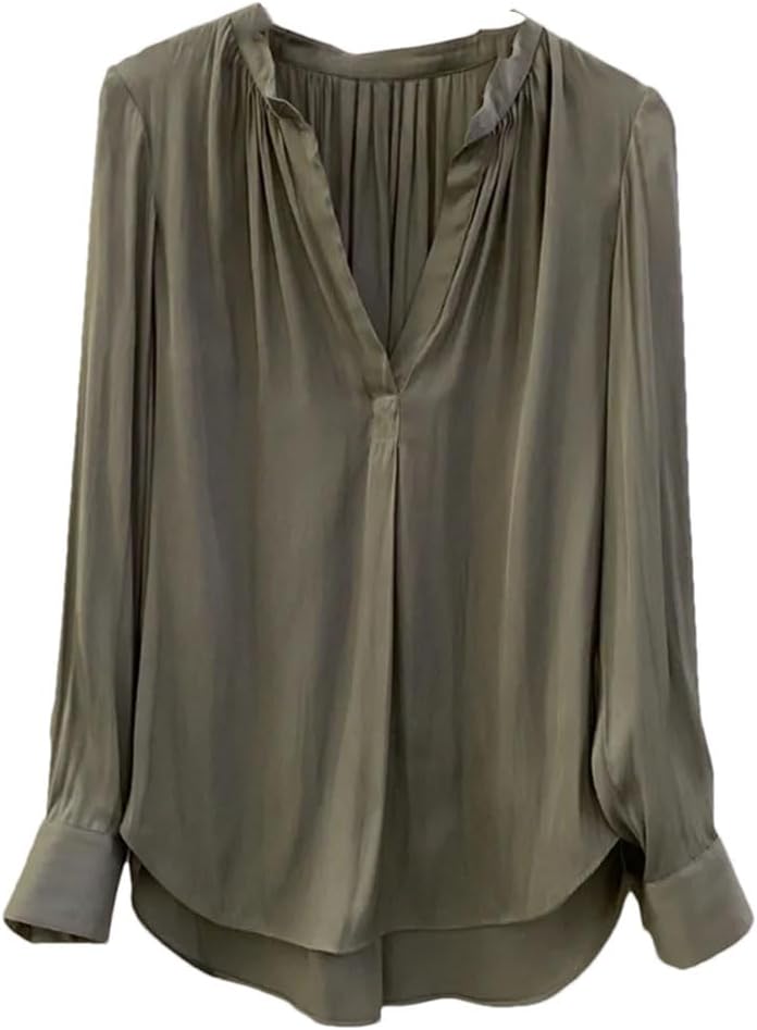 Women's Solid Color V-Neck Long Sleeved Shirt Army EN8 S(4)