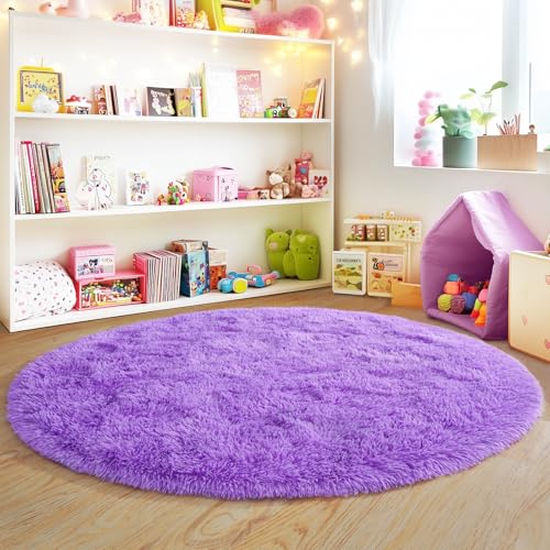 5'x5' Purple Round Rug for Bedroom, Ultra Soft Fluffy Circle Rug for Kids Girls Boys Room, Cute Shag Rugs for Living Room Playroom Teen Room Home Decor Rug