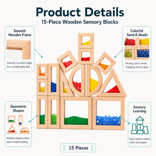 Image of 15-Piece Rainbow Sensory Wooden Building Blocks, Stacking Toys for Toddlers