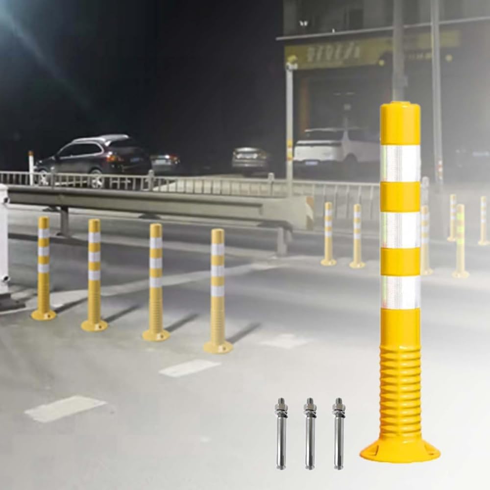 Plastic Safety Bollards for Parking Lot, Flexible Parking Bollard Post with Mounting Bolts, Reflective Driveway Traffic Stop Barrier Traffic Cone-Yellow||4 Pack