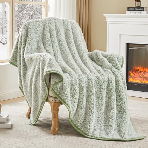 Image of EMME Soft Sherpa Fleece Blanket Reversible Plush Fluffy Large Blanket, Light Weight Warm Decorative Boho Blanket Cover for Sofa, Couch, Bedroom,Travel(Plush Sage,50 inchx60 inch)