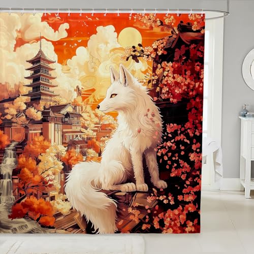 Homemissing Fuchs Duschvorhang 180x200cm japanischer Stil Kirschblüten Duschvorhang Textil für Jungen Mädchen Ukiyoe Thema für Stände Badezimmer Dekor