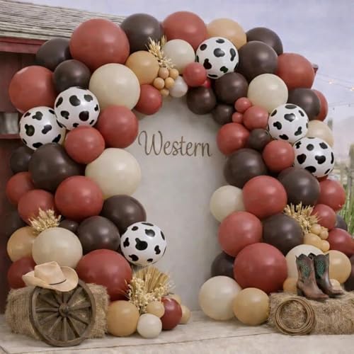 Image of Western Balloon Garland Double Stuffed Dusty Pink Brown Sand White Nude Balloon Arch Kit for Western Baby Shower Cowboy Cowgirl Birthday Boho Party Decorations