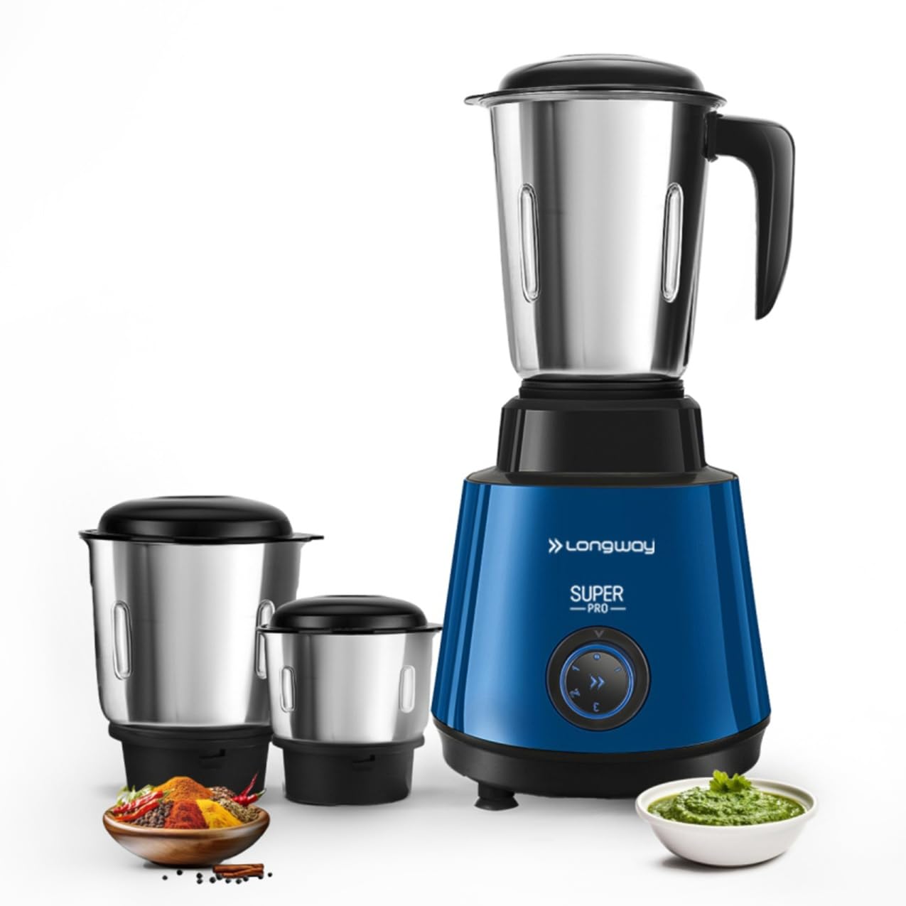 Longway Super Pro Mixer Grinder | 500 Watt Powerful Motor | 3 Jars for Grinding, Mixing, Juicing | 2 Years Warranty (Blue & Black)