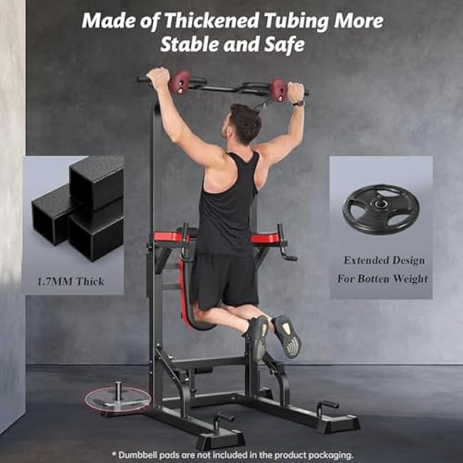 Pooboo Power Tower Dip Station Pull Up Bar for Fitness Home Gym Workout,Multi-Function Adjustable Height Fitness Strength Training Exercise Equipment,with Supine Board
