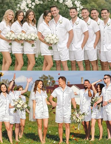 Image of Ekouaer Couple Matching Pajamas Sets Silk Short Sleeve Button Down Sleepwear Satin Pjs Shorts Set Soft Loungewear S-XXL