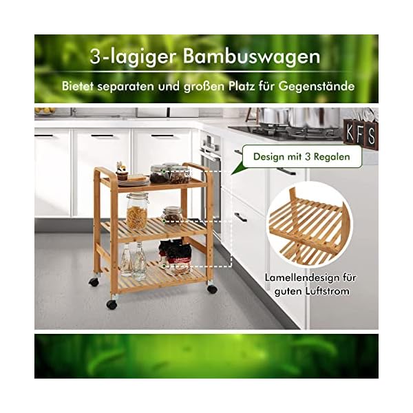 COSTWAY Servierwagen Bambus auf Rädern, Küchenwagen mit 3 Ablagen & Griffen, Lagerregal mit abnehmbarem Rollen, Rollwagen für Küche Flur Bad, Mobiler Allzweckwagen, 58 x 33 x 76 cm – Bild 3