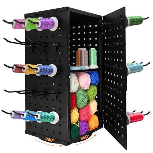Image of Metal 360 Fully Rotating Thread Rack, Detachable Thread Holder Organizer with Inner Storage Compartments for Sewing, Embroidery, Hair-braiding and Jewelry (Black)