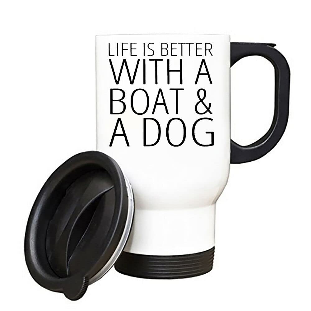 Getagift Life is Better with a Boat a Dog Coffee Tea Mugs for Men Birthday Presents Motivational Travel Cup Funny Stainless Steel 14oz Mugs (White)