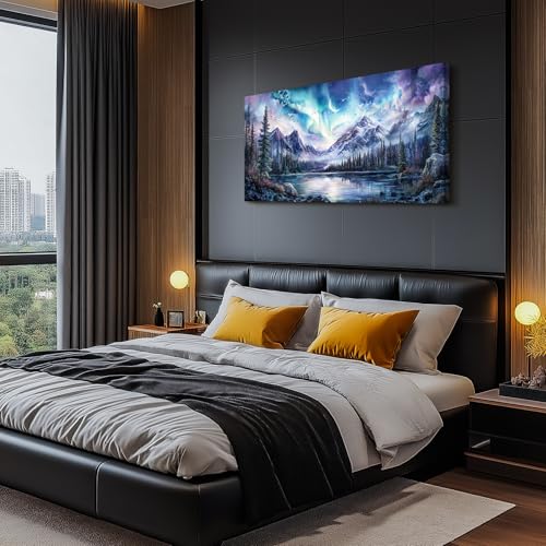 SERIMINO Aurora Landscape Large Wall Art, Mountain Forest Lake Nature Decor Art Prints, Fantasy Nightscape Artwork for Walls, Moonlit Night Canvas Art Wall Decor Living Room Bedroom Office 24"X48"
