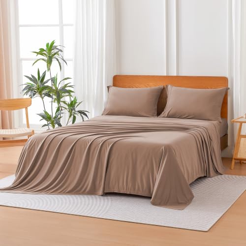 Image of Amazon Basics Jersey Knit 4-Piece Sheet Set, Wrinkle Resistant and Easy Fit, Includes 16 inch Deep Pocket Fitted Sheet, 1 Flat Sheet and 2 Pillowcases, Queen, Light Brown