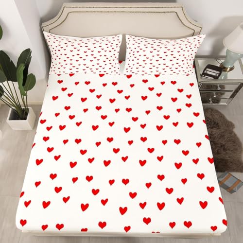 Latwerio Sabanas Bajera 90x190 Infantil 3D Corazón Rojo Juego de Sabanas Encimera 230x270 cm Funda de Colchón Sábana con Elástica Bolsillo Profundo 30 cm y 2 Fundas de Almohada R1773-2