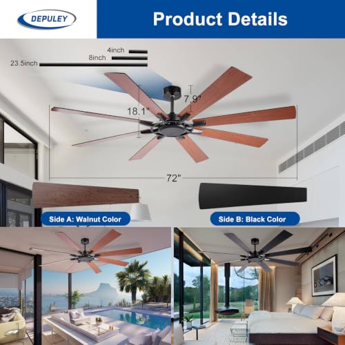 Image of Depuley Ceiling Fan Without Light: 72 Inch Big Indoor Outdoor Fan with Remote Control - Large Farmhouse Walnut Ceiling Fan no Light 8 Blade Reversible Quiet DC Motor Memory Function Timer